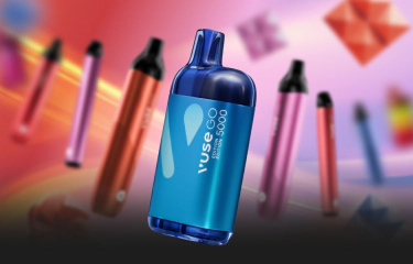 Vuse GO Disposable Vapes in various Flavours on a colorful background