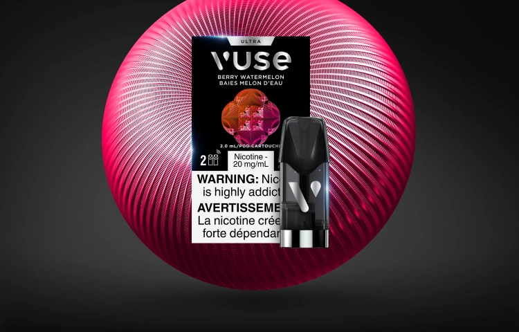 Vuse Ultra pod with a pink orb globe in front of a dark background